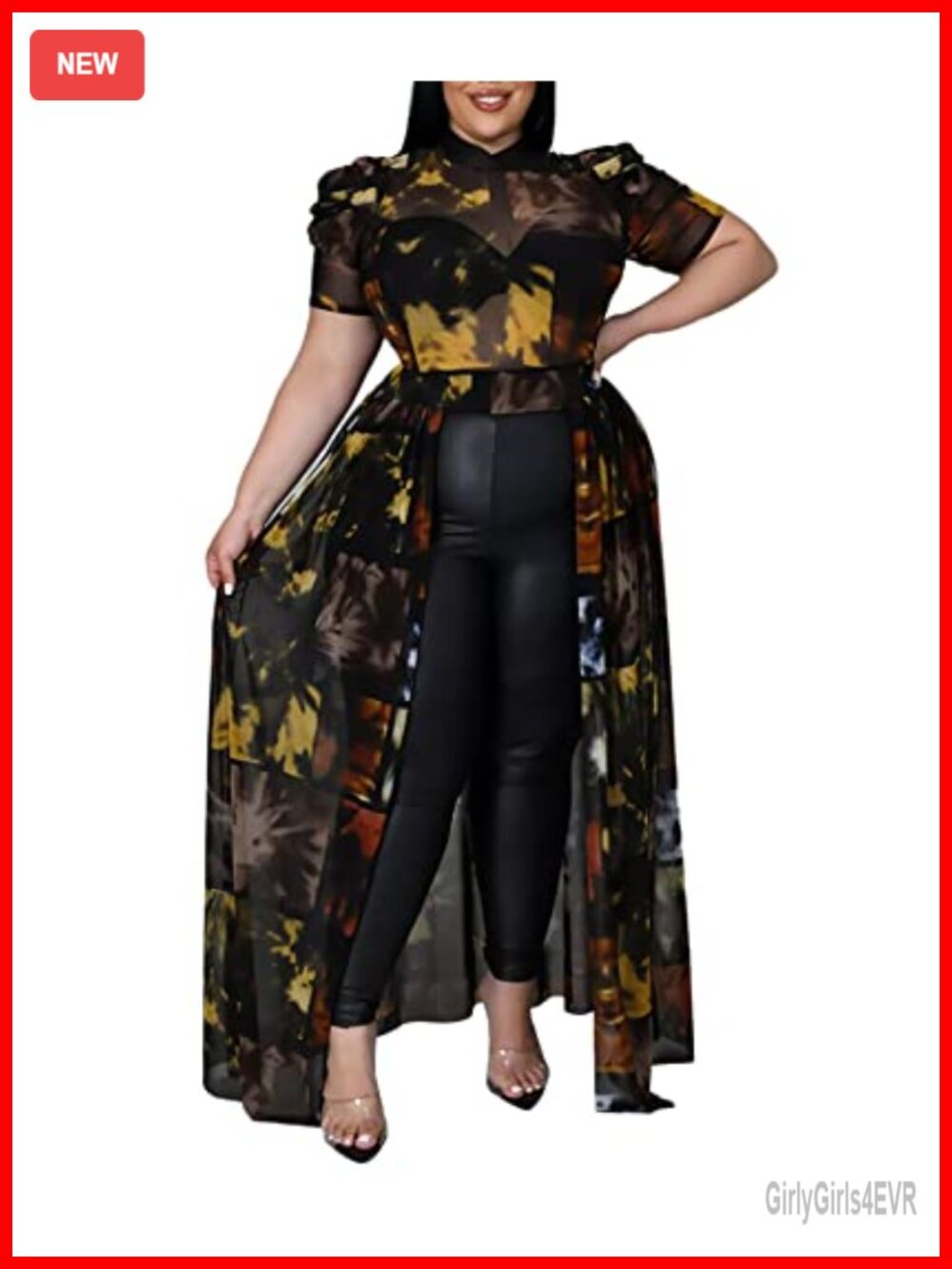 Plus Size High Low Tunic Dress Mesh Puff Sleeve Blouse Sheer Layered Top Tie Dye